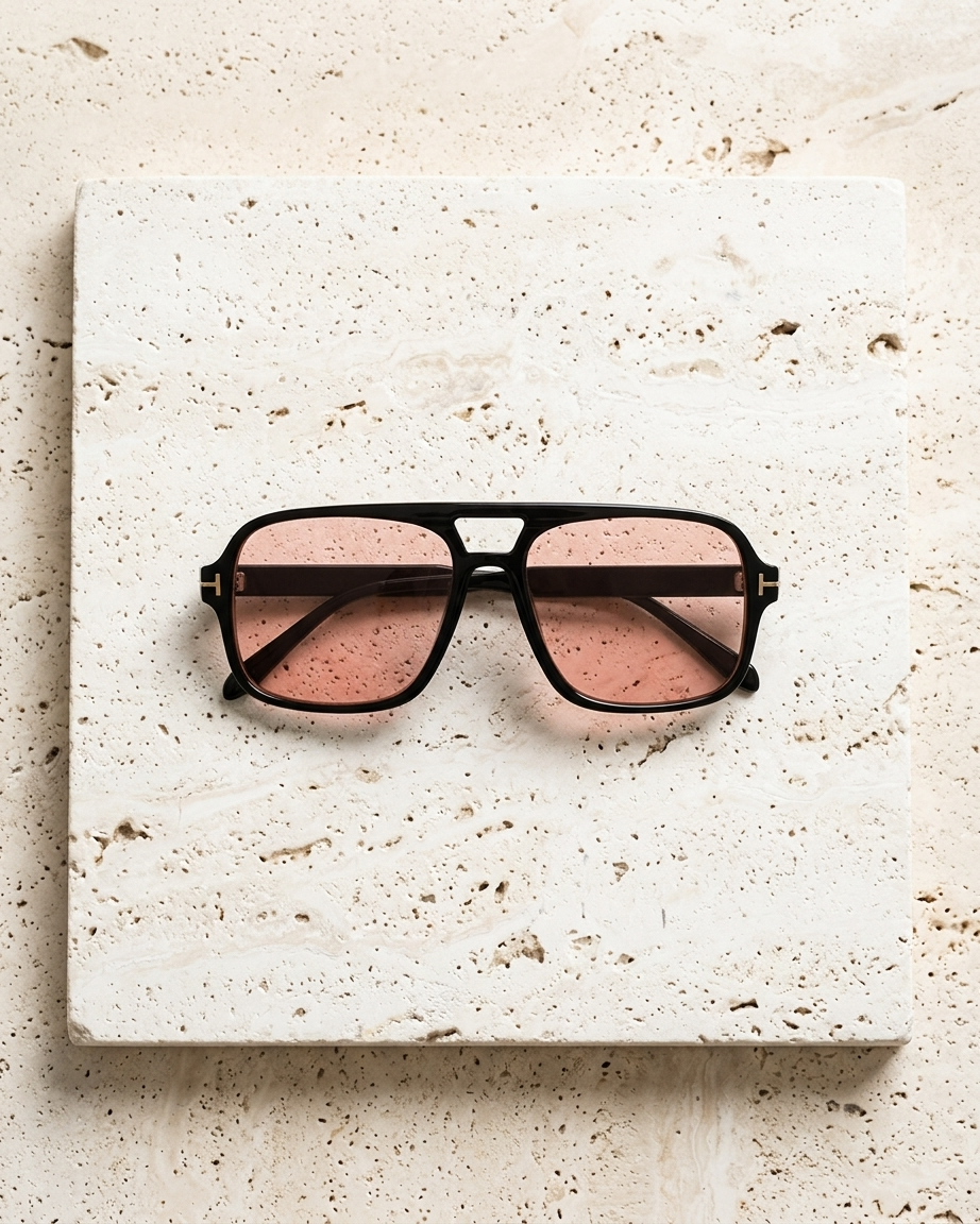 Iris Frames Riviera sunglasses in black frame with rose tinted lenses on travertine stone surface