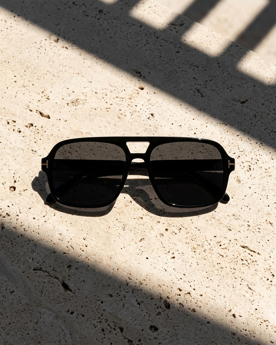 Iris Frames Riviera sunglasses in black frame with dark smoke lenses on travertine stone