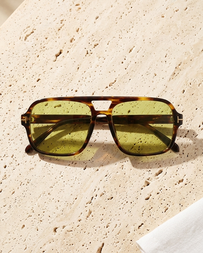 Iris Frames Riviera sunglasses in tortoise frame with olive green tinted lenses on travertine stone