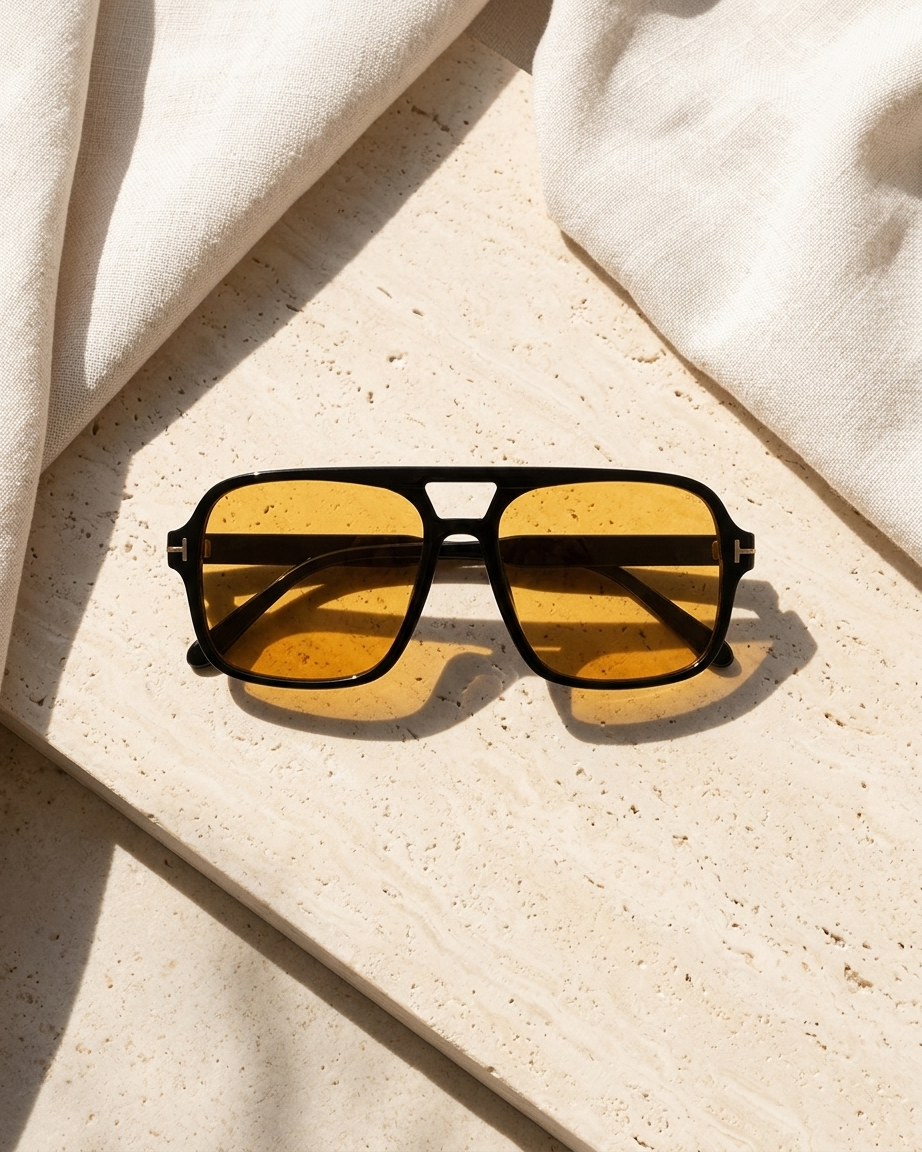 Iris Frames Riviera sunglasses in black frame with blue tinted lenses on travertine stone with white linen