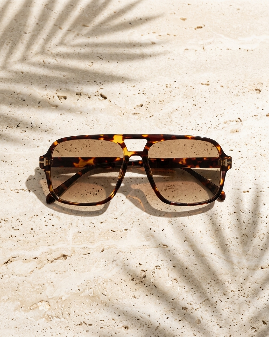 Iris Frames Riviera sunglasses in tortoise frame with brown tinted lenses on sandy travertine with palm shadow