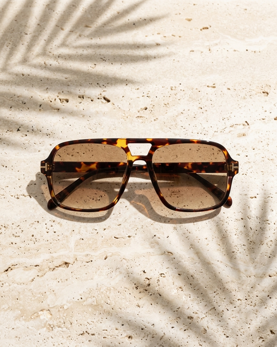 Iris Frames Riviera sunglasses in tortoise frame with brown tinted lenses on sandy travertine with palm shadow