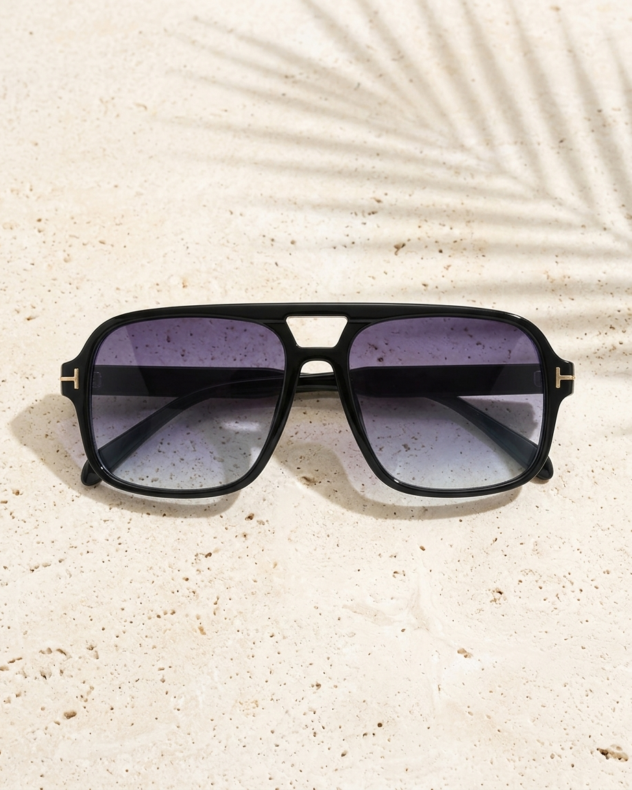 Iris Frames Riviera sunglasses in black frame with lavender tinted lenses on travertine stone with palm shadow